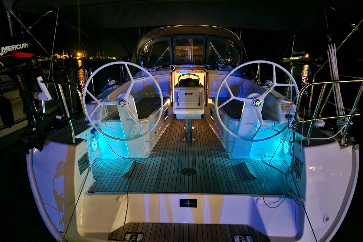 Cockpit of Sayra, a Bavaria Cruiser 37 sailboat at Murter, Croatia