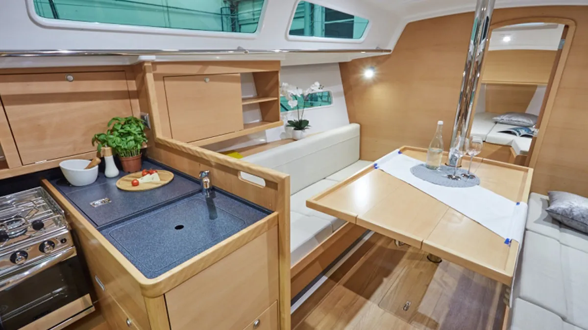 Galley of Sunsail Sun Odyssey 319 Classic, a Jeanneau Sun Odyssey 319 sailboat at Cannigione, Italy
