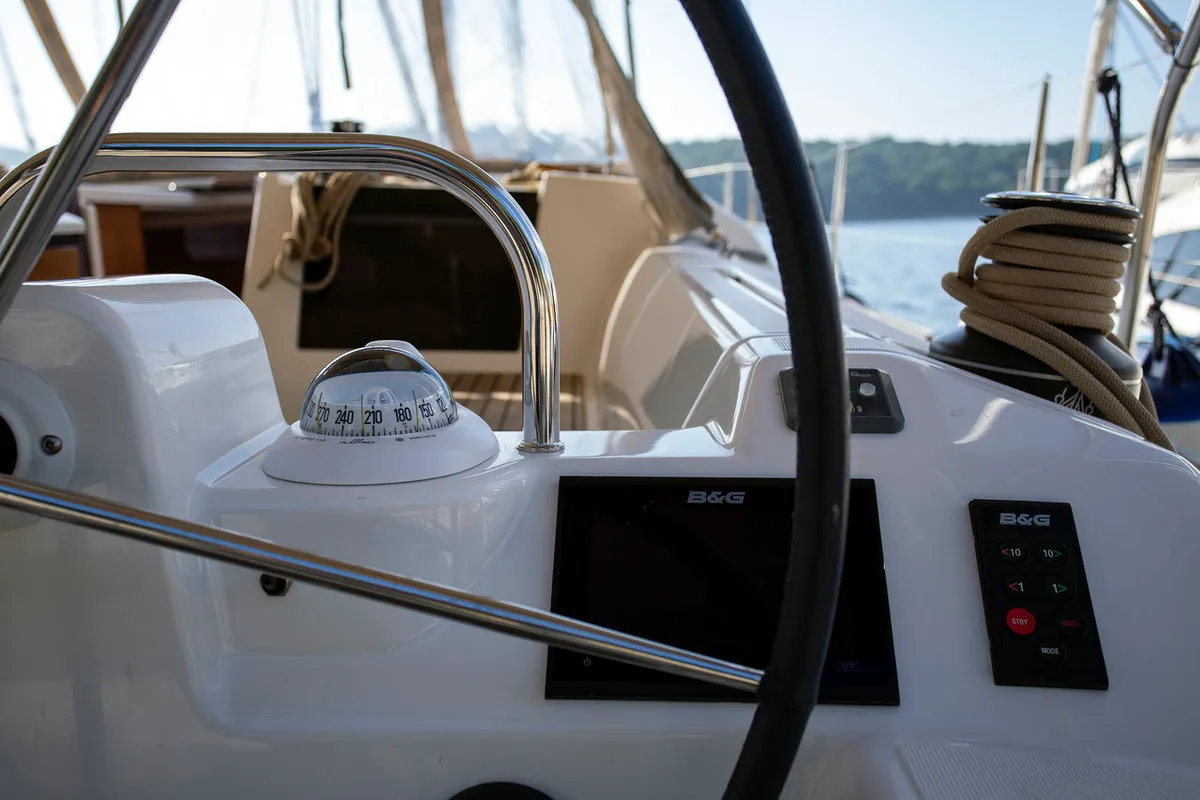 Deck of Skyra, a Dufour 412 GL sailboat at Grad Pula, Croatia
