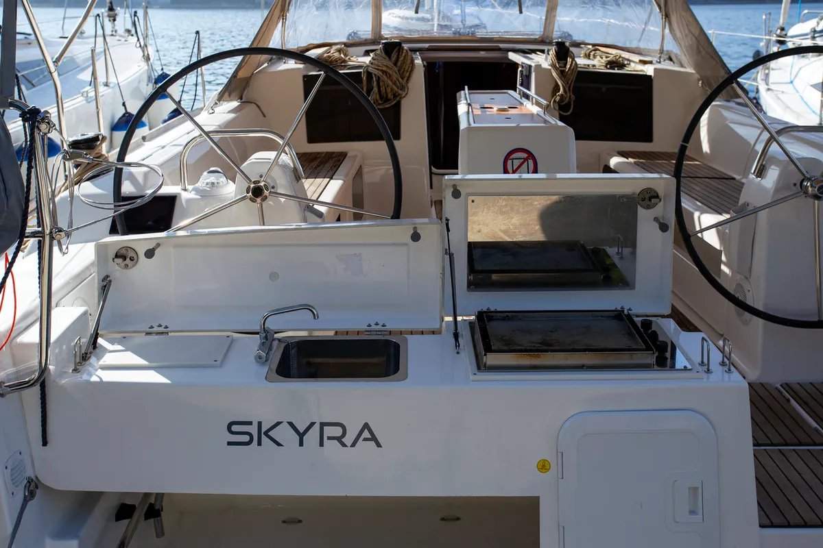 Deck of Skyra, a Dufour 412 GL sailboat at Grad Pula, Croatia
