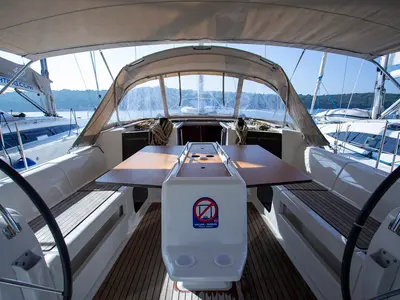 Cockpit of Skyra, a Dufour 412 GL sailboat at Grad Pula, Croatia