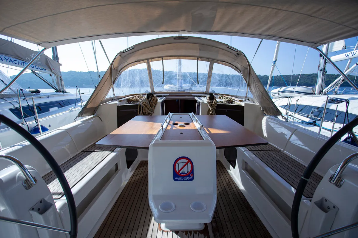 Cockpit of Skyra, a Dufour 412 GL sailboat at Grad Pula, Croatia