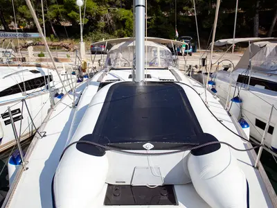 Deck of Skyra, a Dufour 412 GL sailboat at Grad Pula, Croatia