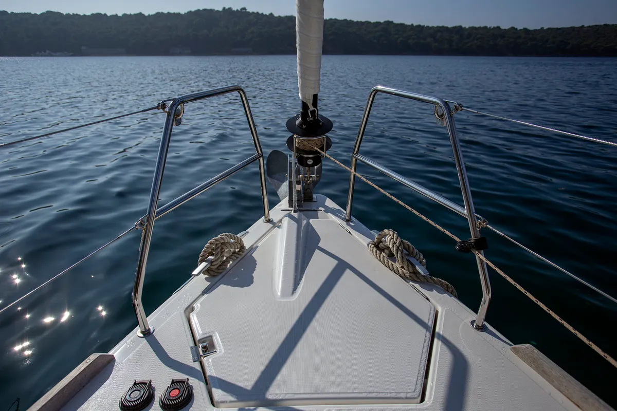 Deck of Skyra, a Dufour 412 GL sailboat at Grad Pula, Croatia