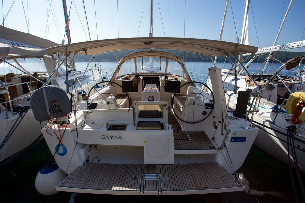 Exterior view of Skyra, a Dufour 412 GL sailboat at Grad Pula, Croatia