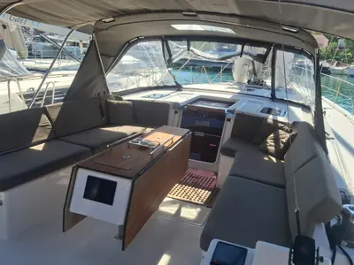 Deck of Atua, a Dufour 530 sailboat at Tonnarella, Italy