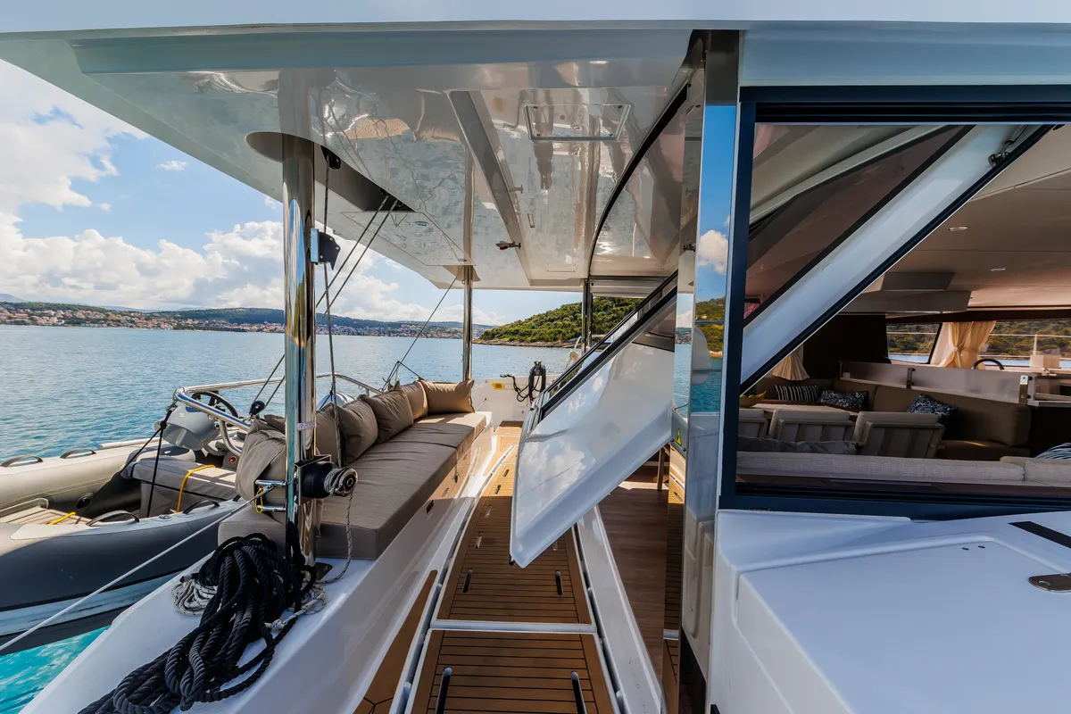 Deck of Sunshine, a Bali 4.6 catamaran at Seget Donji, Croatia