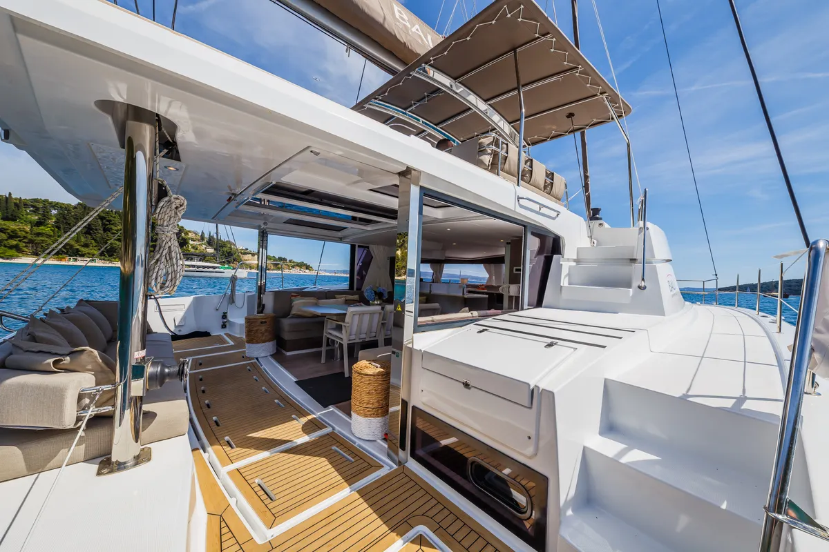 Deck of Sunshine, a Bali 4.6 catamaran at Seget Donji, Croatia