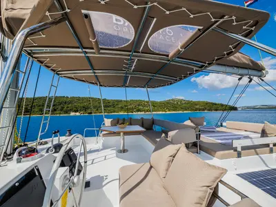 Cockpit of Sunshine, a Bali 4.6 catamaran at Seget Donji, Croatia