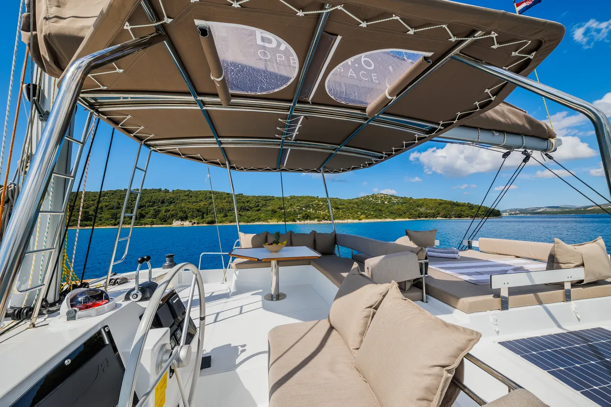Cockpit of Sunshine, a Bali 4.6 catamaran at Seget Donji, Croatia