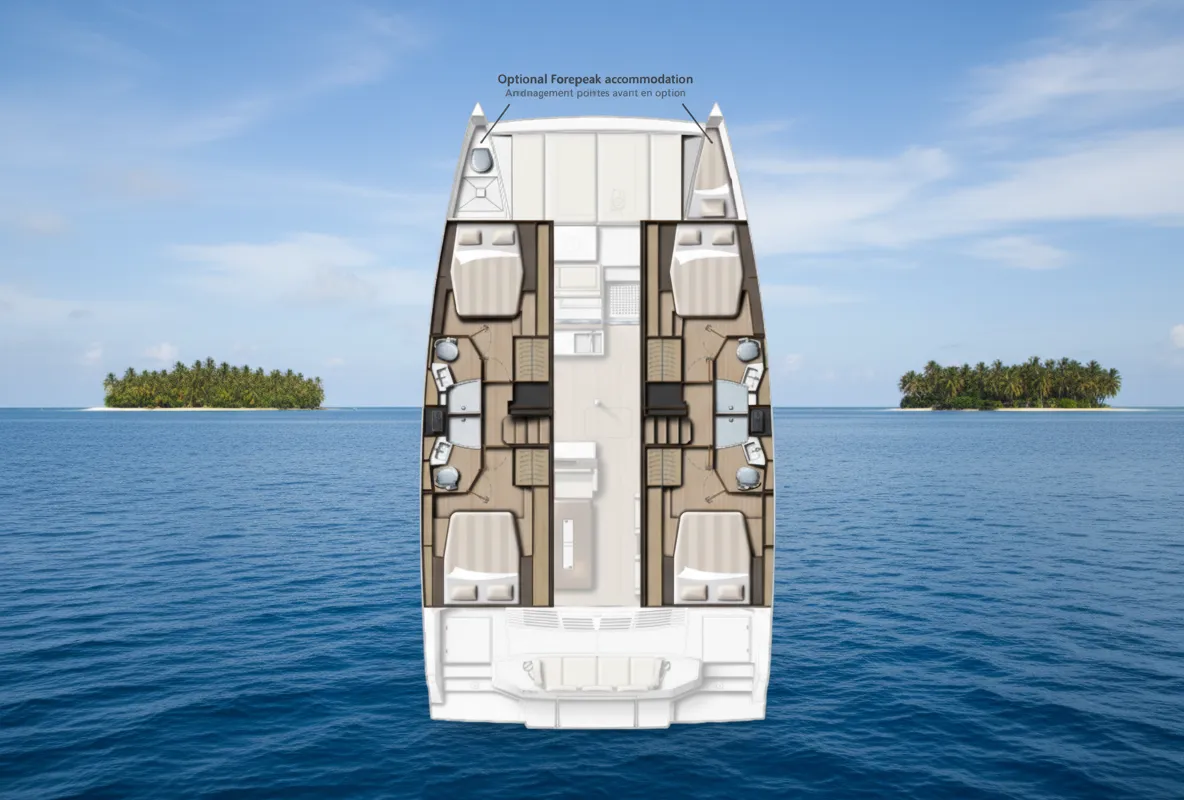 Exterior view of Tiraminelli, a Bali 4.4 catamaran at Palma de Mallorca, Spain