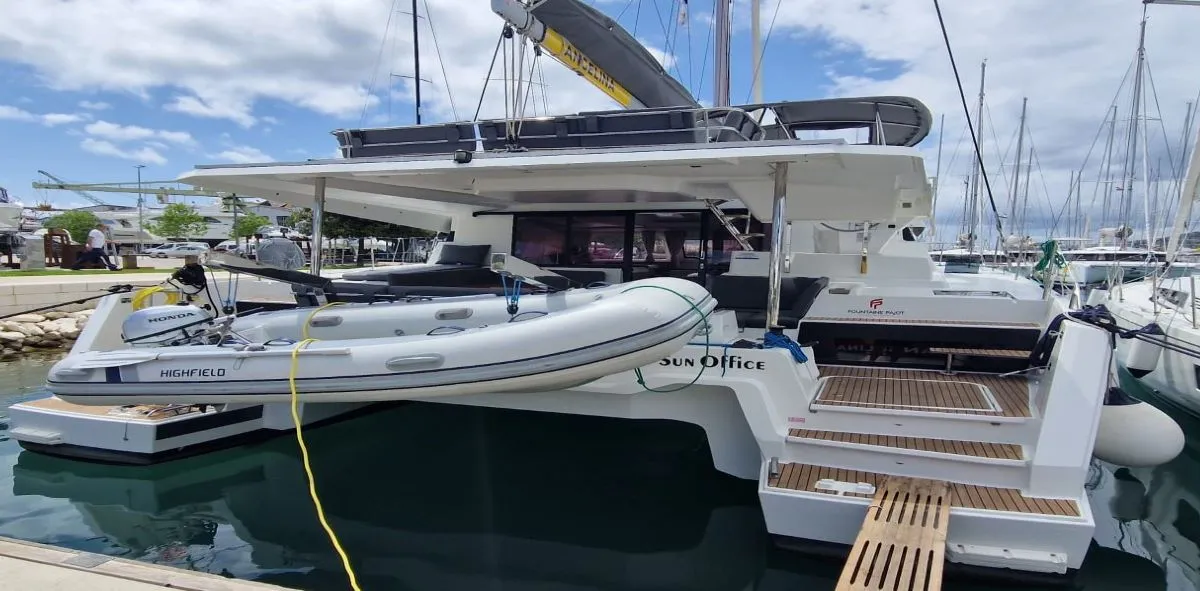 Exterior view of Sun Office, a Fountaine Pajot Elba 45 - 4 + 2 cab. catamaran at Trogir, Croatia