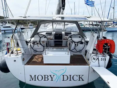 Cockpit of Moby Dick, a Hanse 508 sailboat at Thessaloniki, Greece