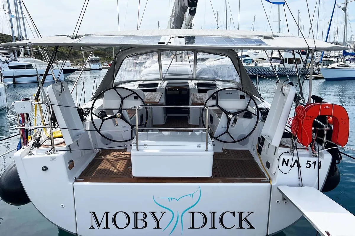 Cockpit of Moby Dick, a Hanse 508 sailboat at Thessaloniki, Greece