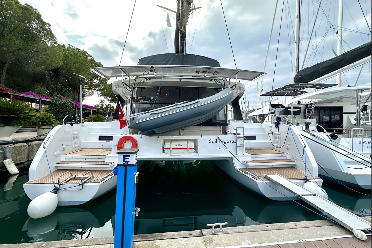 Exterior view of Sail Pegasus, a Lagoon 46 catamaran at Fethiye, Turkey
