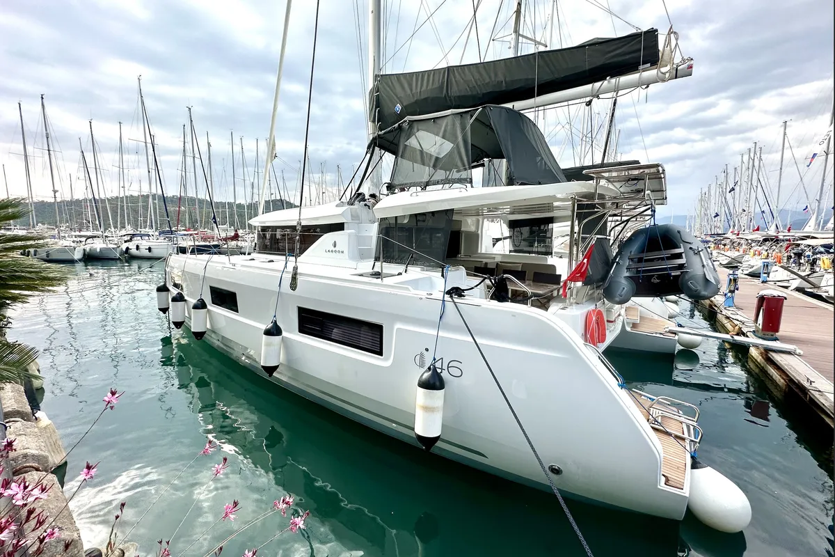 Exterior view of Sail Pegasus, a Lagoon 46 catamaran at Fethiye, Turkey