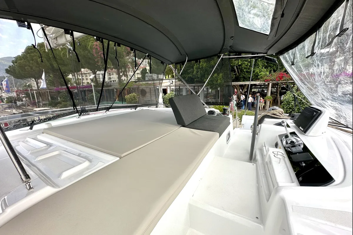 Deck of Sail Pegasus, a Lagoon 46 catamaran at Fethiye, Turkey