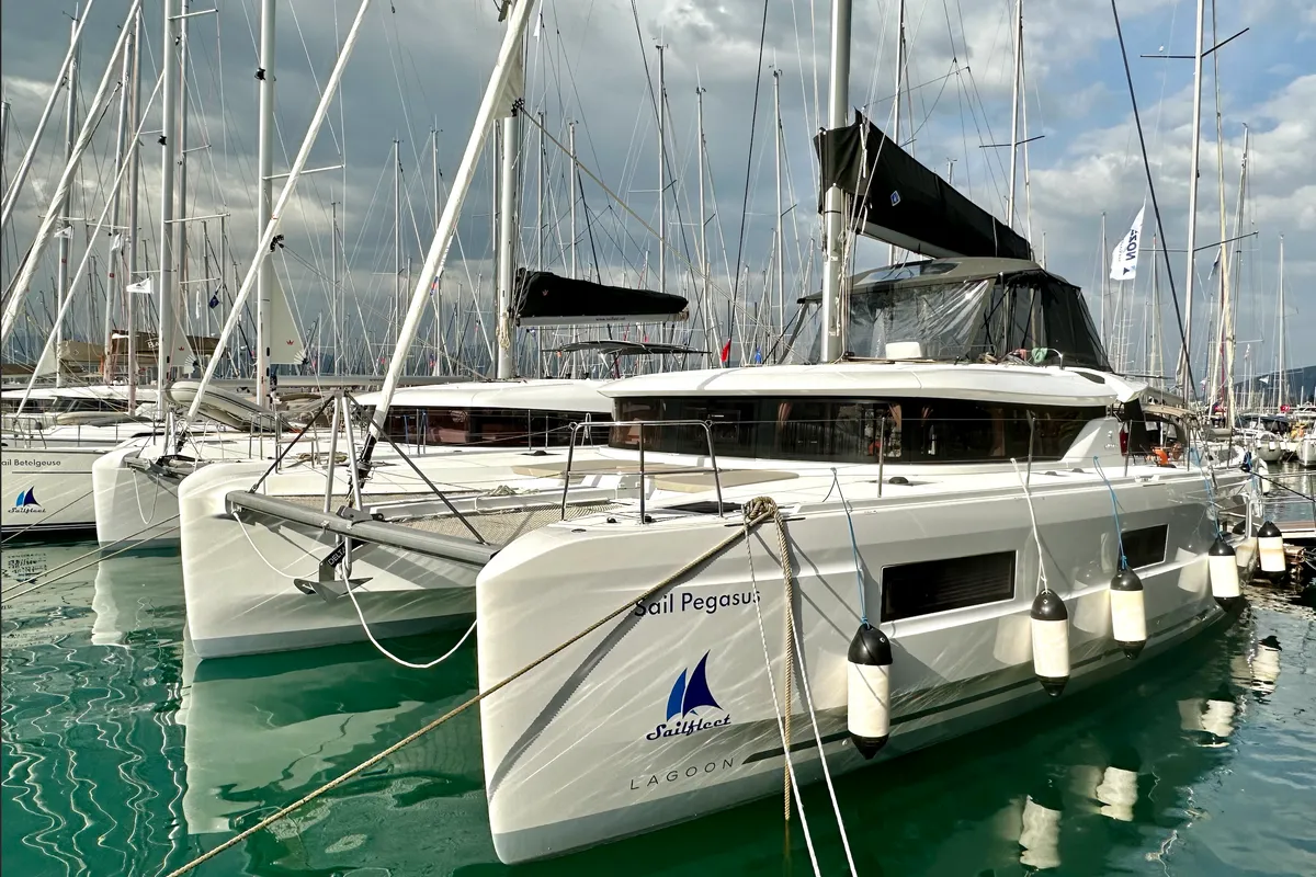 Exterior view of Sail Pegasus, a Lagoon 46 catamaran at Fethiye, Turkey