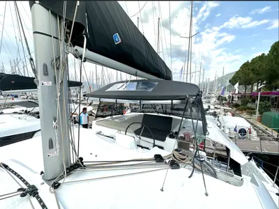 Cockpit of Sail Pegasus, a Lagoon 46 catamaran at Fethiye, Turkey