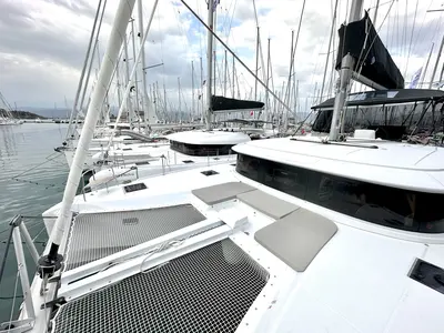 Deck of Sail Pegasus, a Lagoon 46 catamaran at Fethiye, Turkey