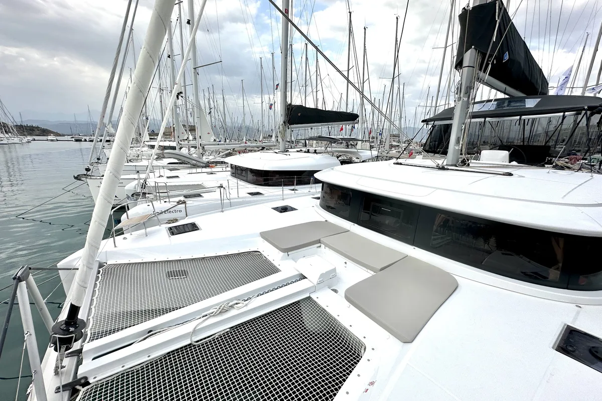 Deck of Sail Pegasus, a Lagoon 46 catamaran at Fethiye, Turkey