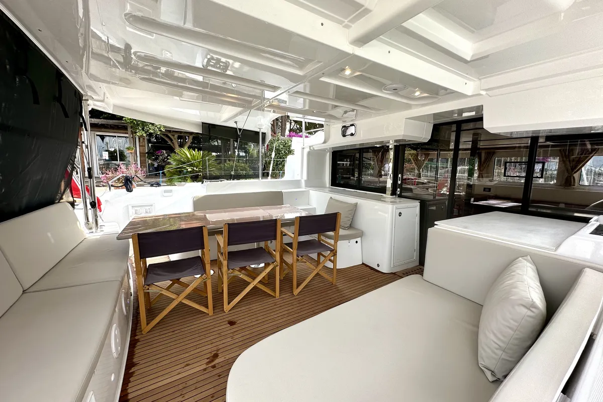 Deck of Sail Pegasus, a Lagoon 46 catamaran at Fethiye, Turkey