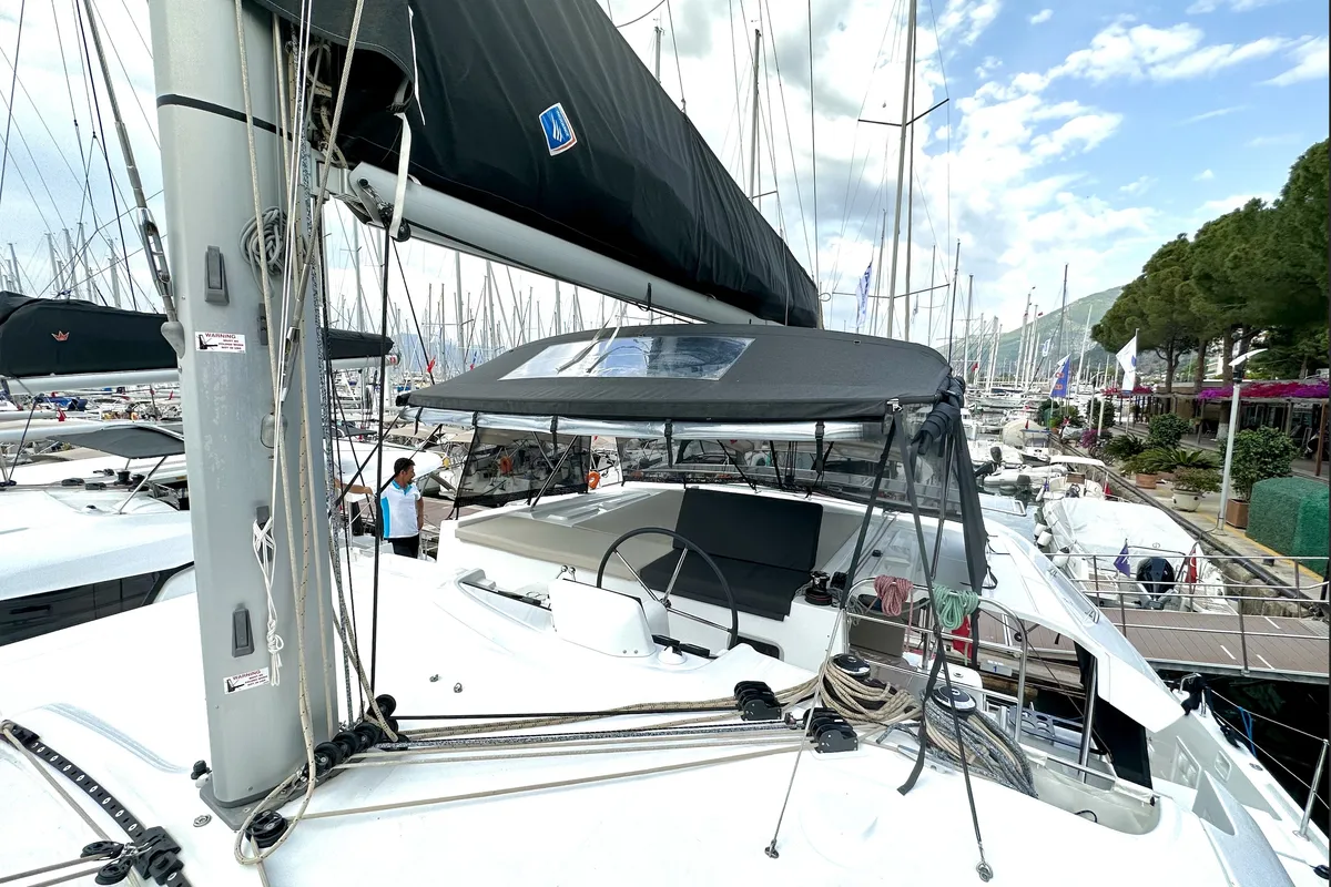 Cockpit of Sail Pegasus, a Lagoon 46 catamaran at Fethiye, Turkey