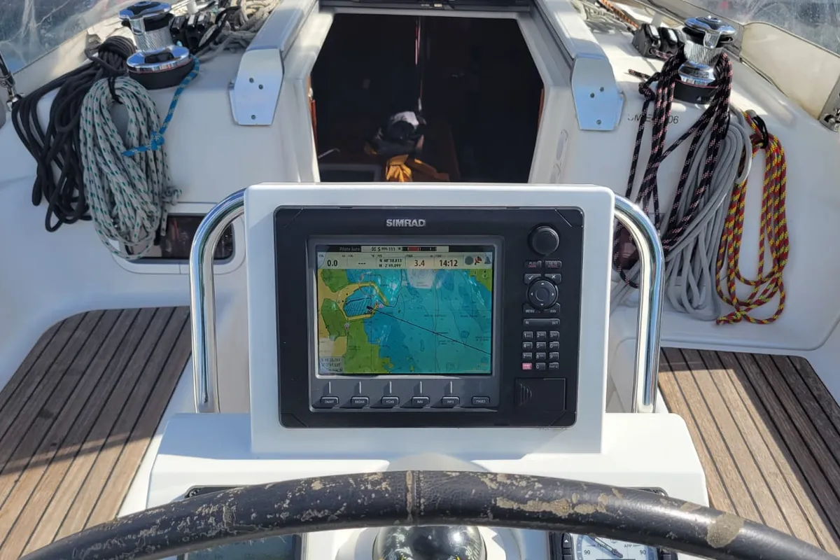 Cockpit of Perig, a Beneteau Oceanis 31 sailboat at Saint-Cast-le-Guildo, France