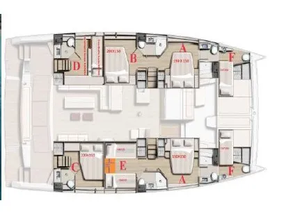 Floor plan of Stronghyle, a Bali 5.4 catamaran at Palermo, Italy