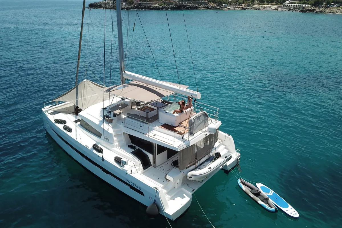 Exterior view of Stronghyle, a Bali 5.4 catamaran at Palermo, Italy