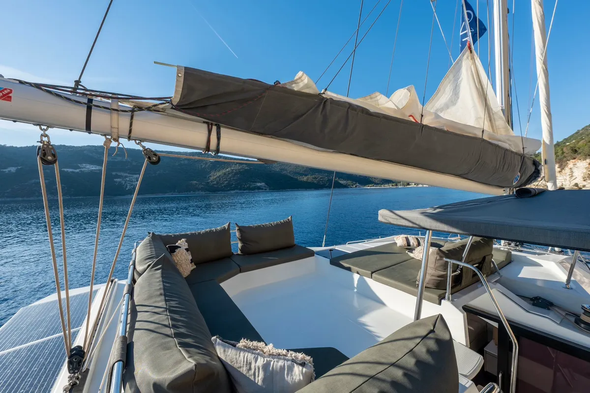 Deck of PHOEBE, a Fountaine Pajot Elba 45 catamaran at Municipal Unit of Lefkada, Greece