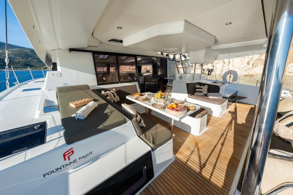 Deck of PHOEBE, a Fountaine Pajot Elba 45 catamaran at Municipal Unit of Lefkada, Greece