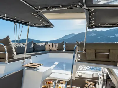Deck of PHOEBE, a Fountaine Pajot Elba 45 catamaran at Municipal Unit of Lefkada, Greece
