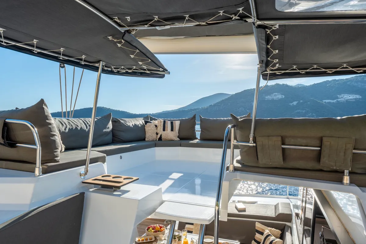 Deck of PHOEBE, a Fountaine Pajot Elba 45 catamaran at Municipal Unit of Lefkada, Greece