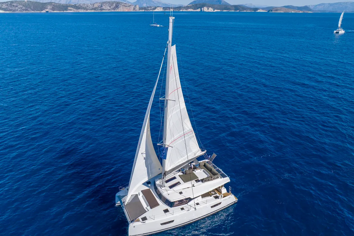 Exterior view of PHOEBE, a Fountaine Pajot Elba 45 catamaran at Municipal Unit of Lefkada, Greece