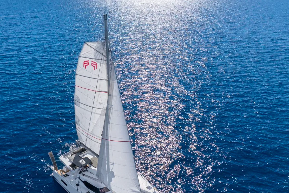 Exterior view of PHOEBE, a Fountaine Pajot Elba 45 catamaran at Municipal Unit of Lefkada, Greece