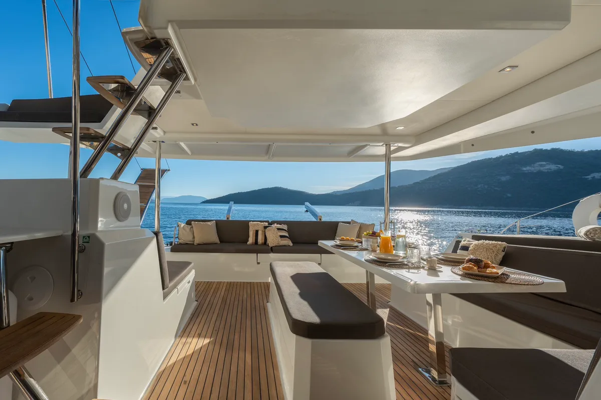 Deck of PHOEBE, a Fountaine Pajot Elba 45 catamaran at Municipal Unit of Lefkada, Greece