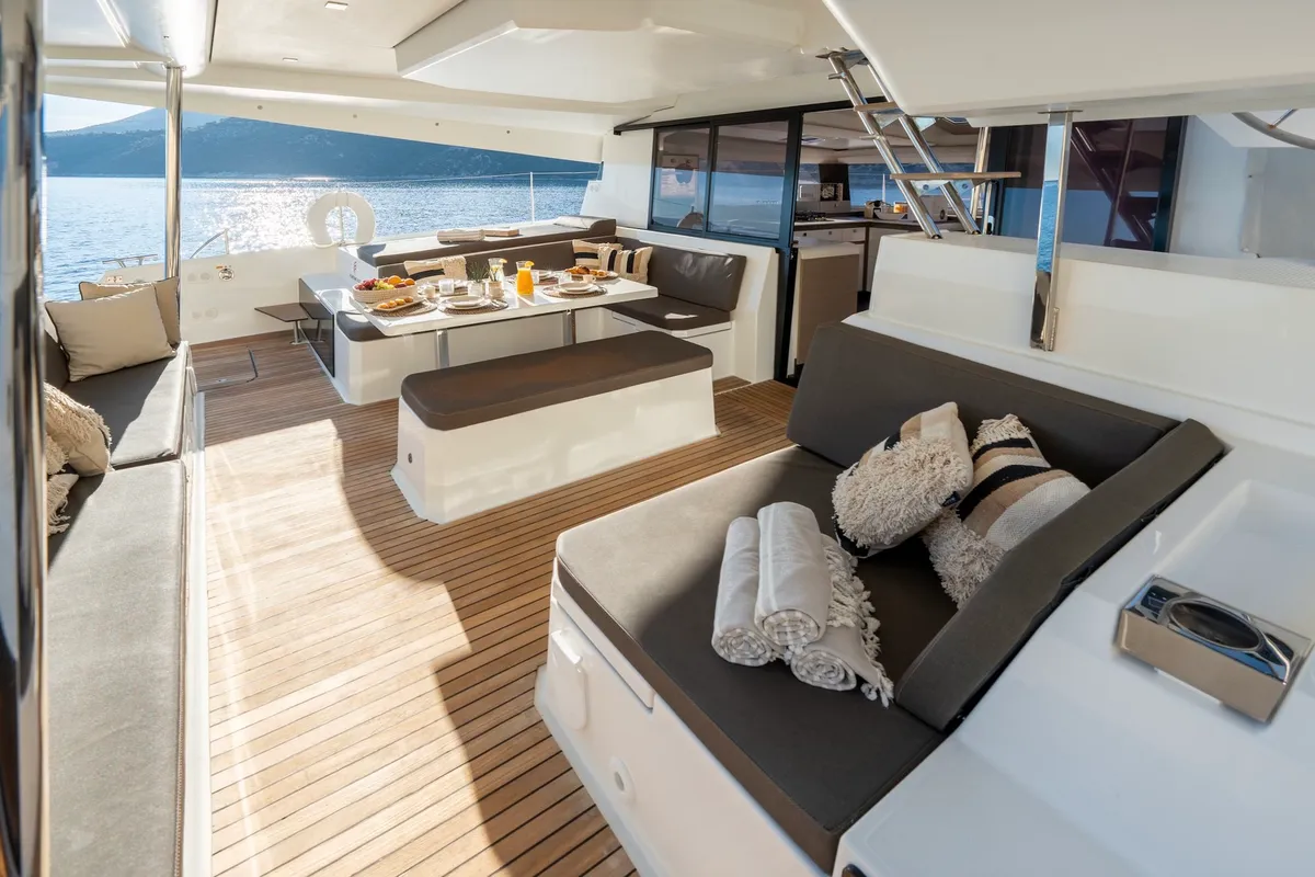 Deck of PHOEBE, a Fountaine Pajot Elba 45 catamaran at Municipal Unit of Lefkada, Greece