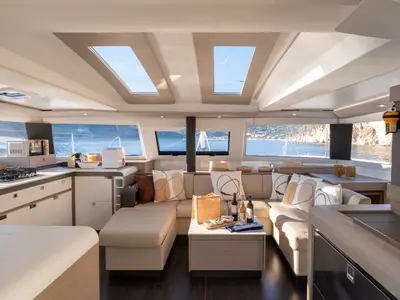 Salon of PHOEBE, a Fountaine Pajot Elba 45 catamaran at Municipal Unit of Lefkada, Greece