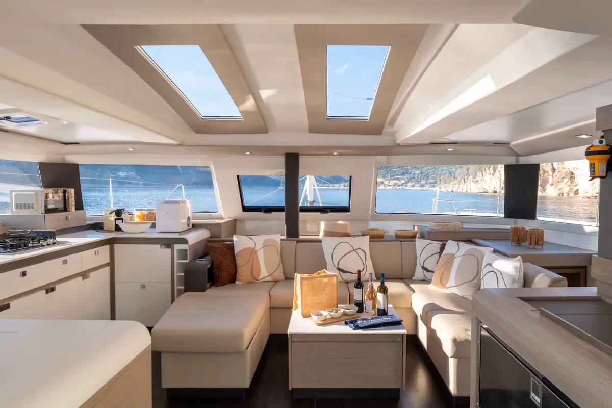 Salon of PHOEBE, a Fountaine Pajot Elba 45 catamaran at Municipal Unit of Lefkada, Greece