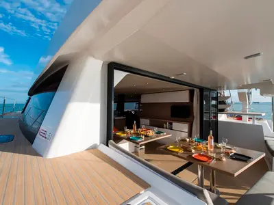 Deck of L'Octant, a NEEL 51 sailboat at Ajaccio, France