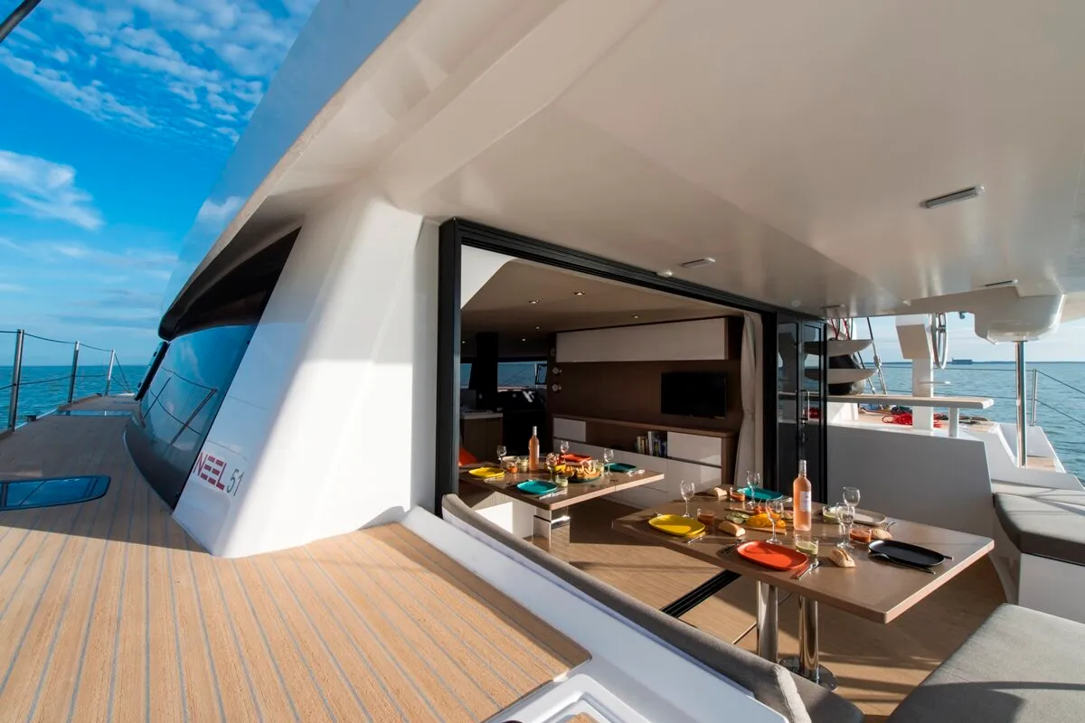 Deck of L'Octant, a NEEL 51 sailboat at Ajaccio, France