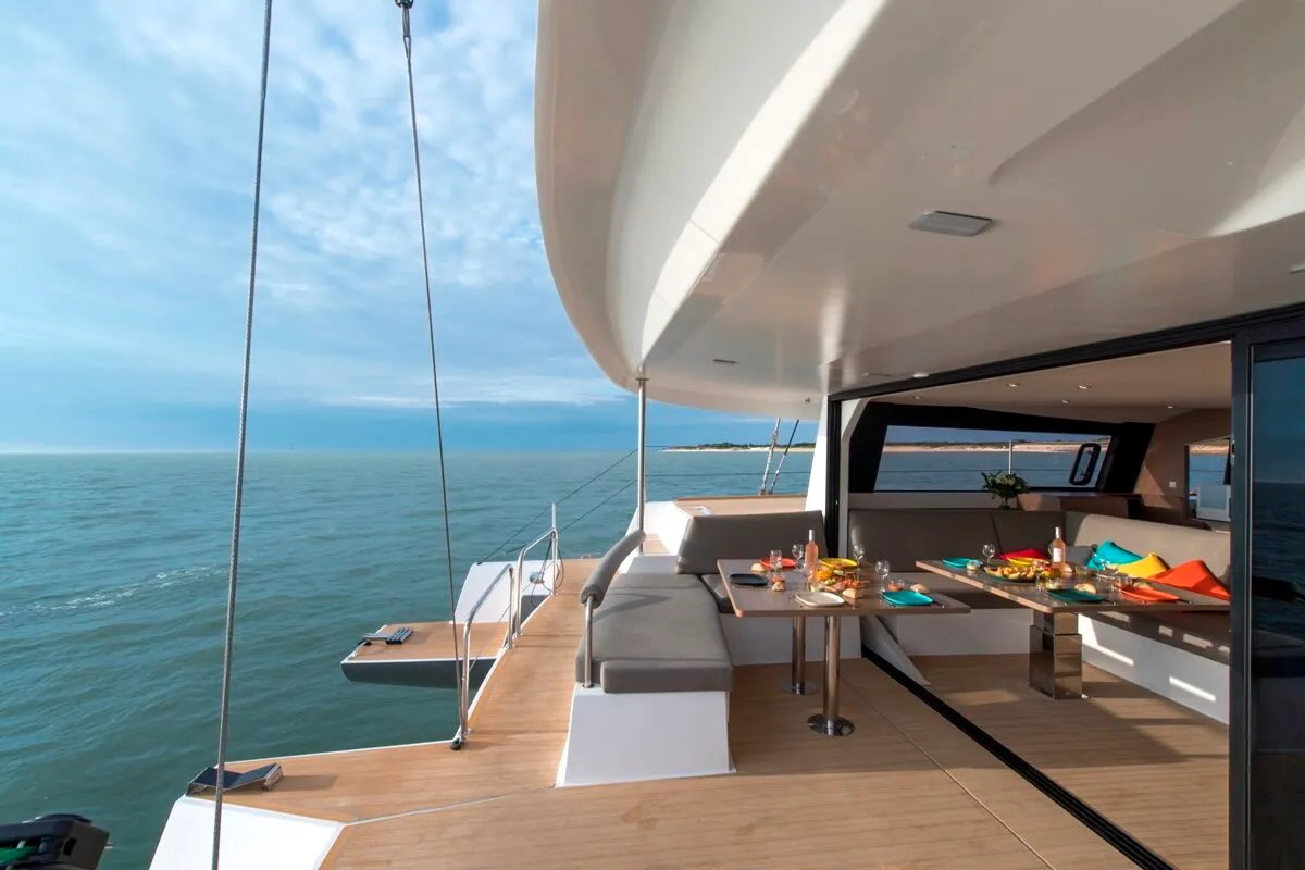 Deck of L'Octant, a NEEL 51 sailboat at Ajaccio, France