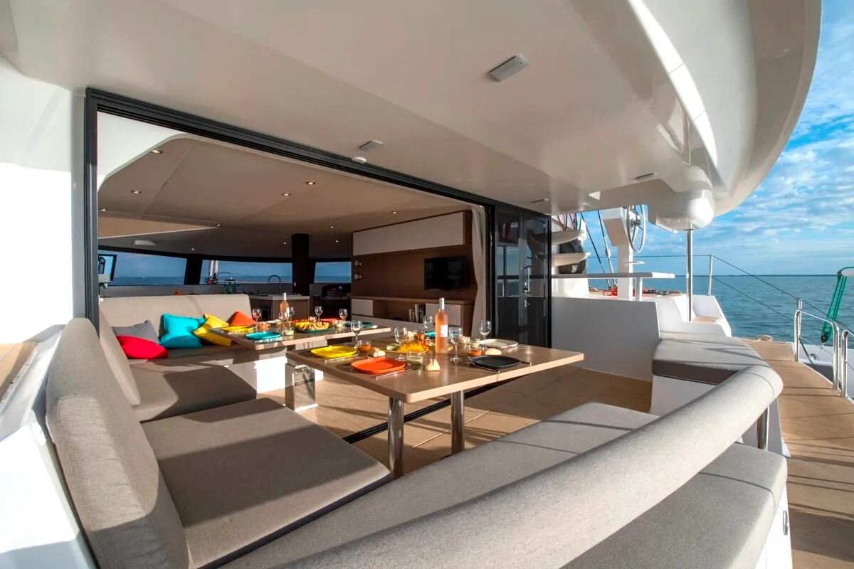 Deck of L'Octant, a NEEL 51 sailboat at Ajaccio, France