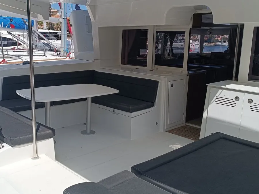 Deck of Lagoon 450 Fly, a catamaran at Tonnarella, Italy
