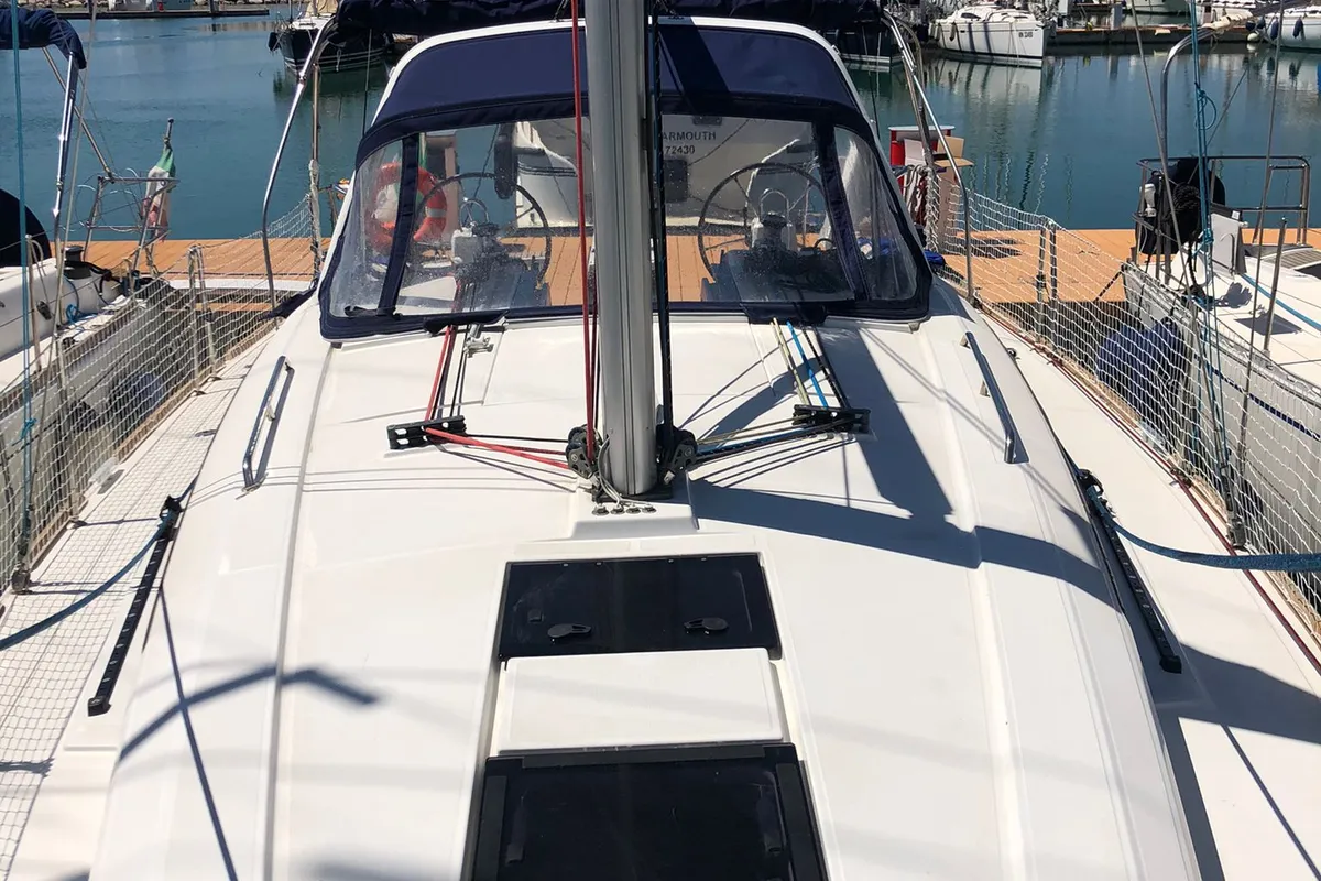 Deck of Amaral, a Beneteau Oceanis 38 sailboat at Salerno, Italy