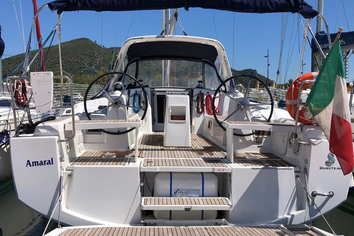 Exterior view of Amaral, a Beneteau Oceanis 38 sailboat at Salerno, Italy