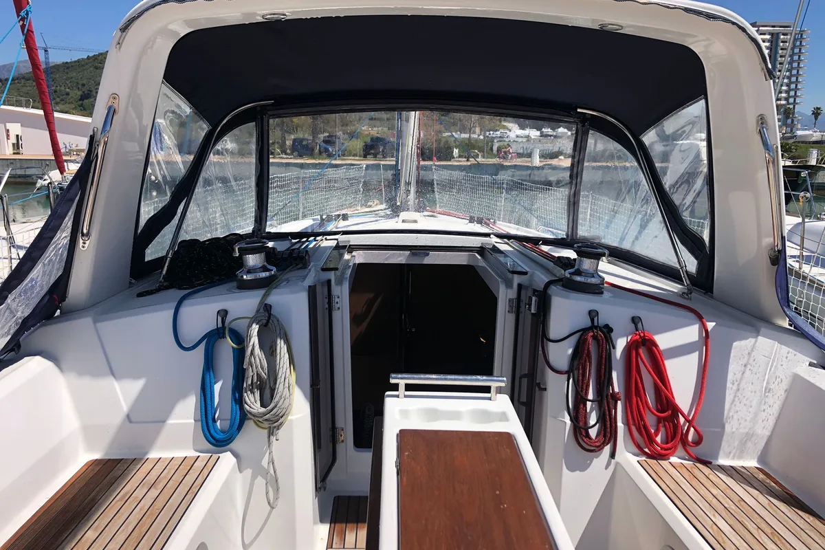 Cockpit of Amaral, a Beneteau Oceanis 38 sailboat at Salerno, Italy