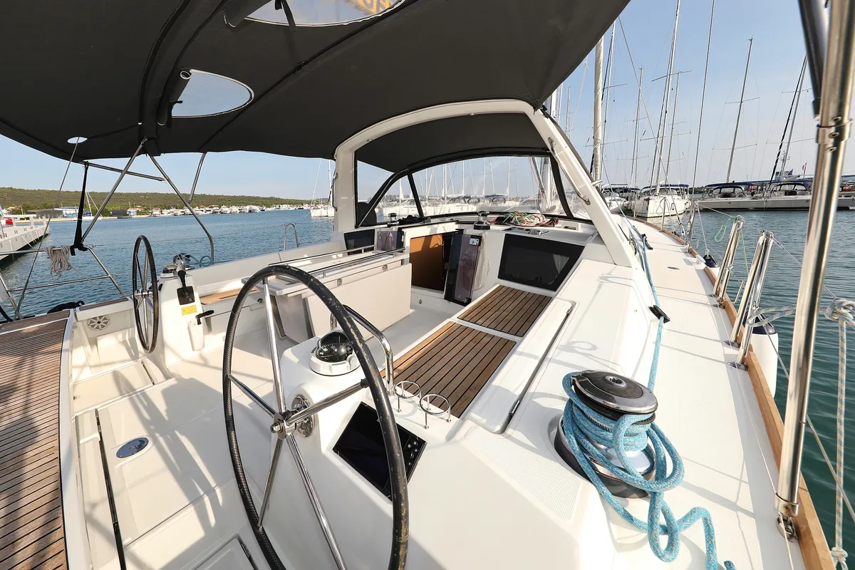 Cockpit of Zephyra, a Beneteau Oceanis 45 sailboat at Sukošan, Croatia