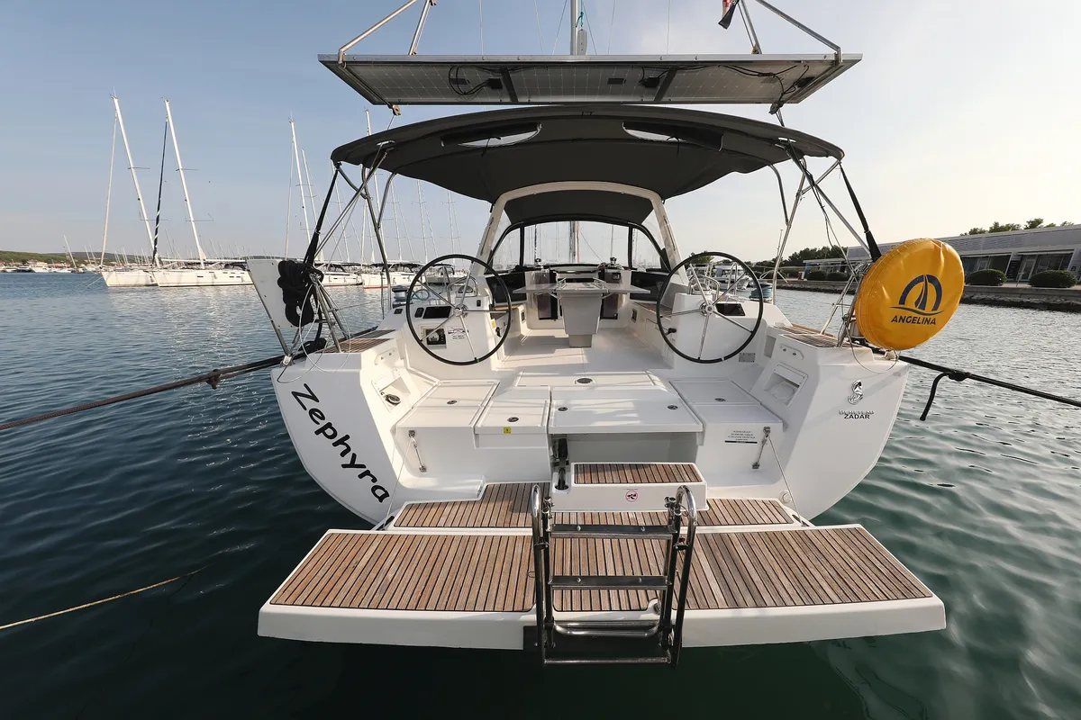 Exterior view of Zephyra, a Beneteau Oceanis 45 sailboat at Sukošan, Croatia